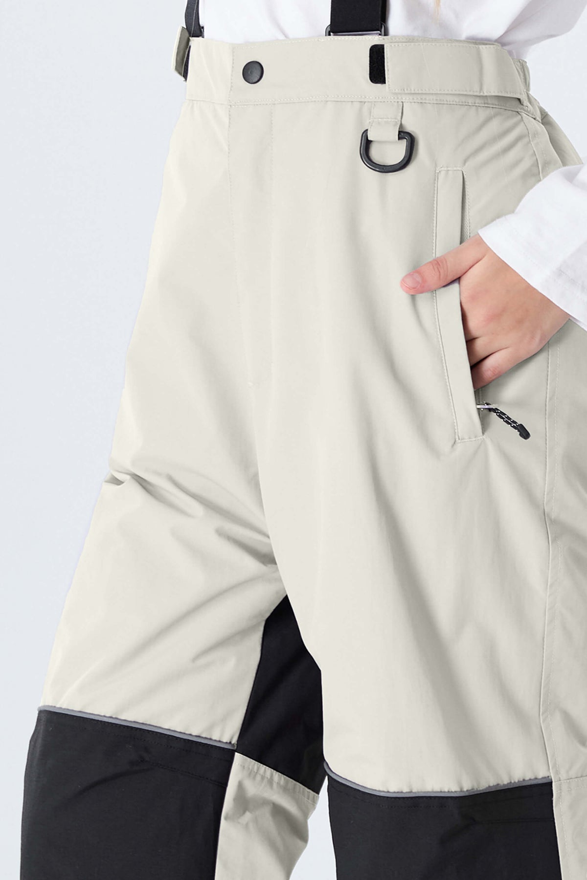 Girls' Off White Color-Block Reflective Snow Pants With Detachable Suspenders