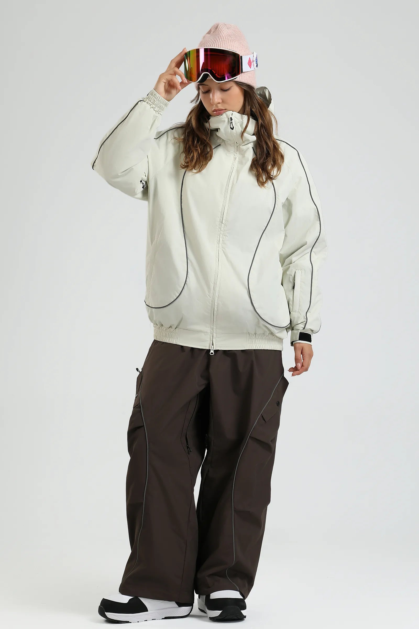 Women's Off White Retro Track Ski & Snowboard Jacket with