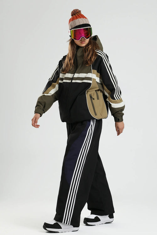 Women's Olive Retro Sport Stripe Colorblock Ski & Snowboard Jacket