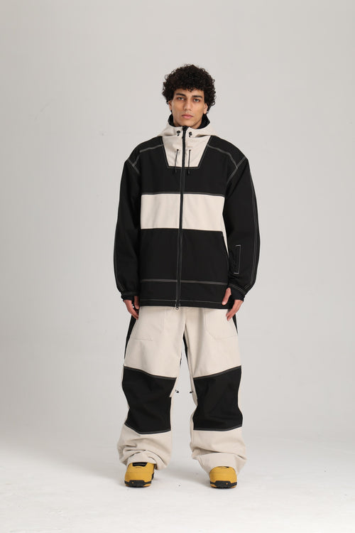 Men's Black & Off White Color Block Corduroy Retro Utility Snow Jacket