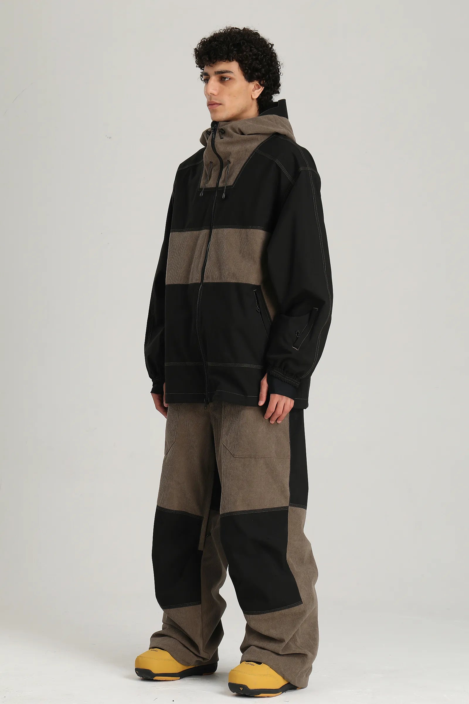 Men's Brown & Black Color Block Corduroy Retro Utility Snow Jacket