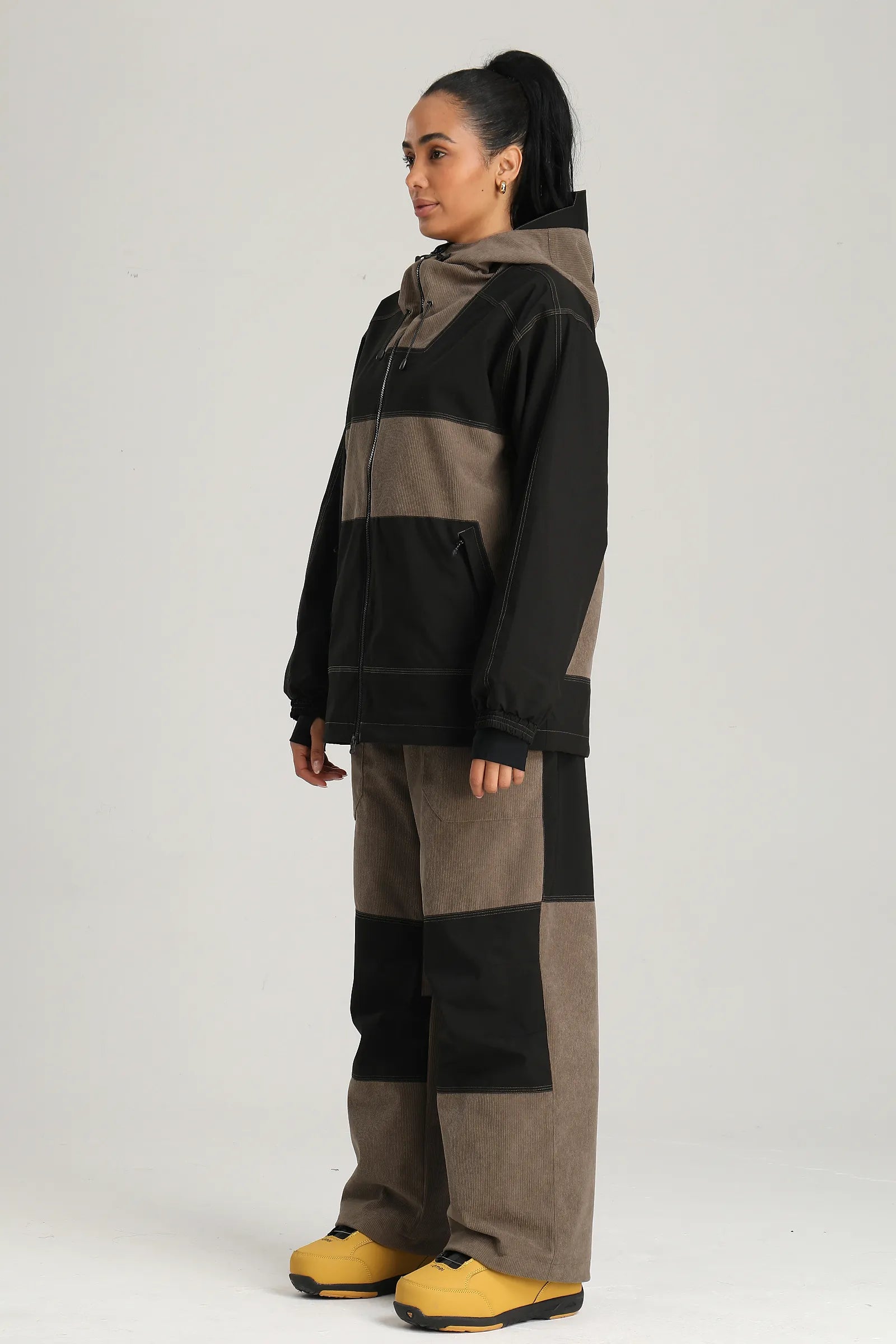 Women's Brown & Black Color Block Corduroy Retro Utility Snow Jacket