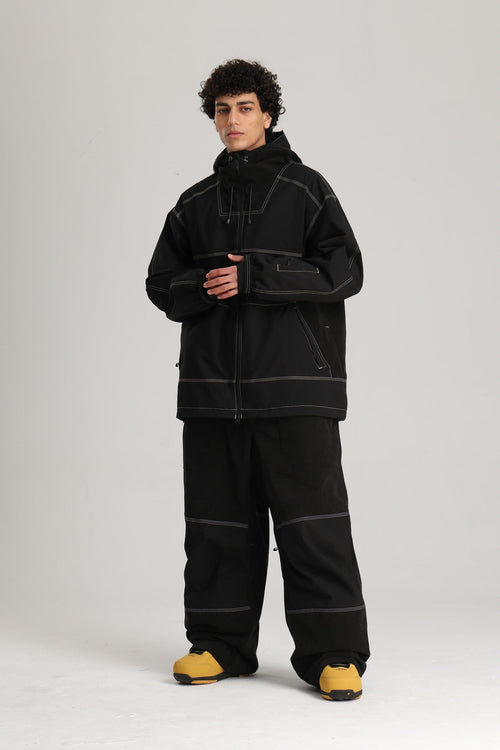 Men's Black Color Block Corduroy Retro Utility Snow Jacket