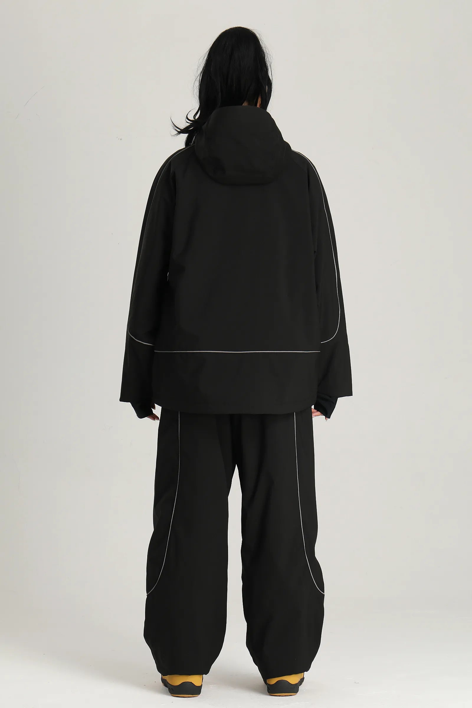 Women's Black Color Block Reflective Retro Baggy Snow Jacket