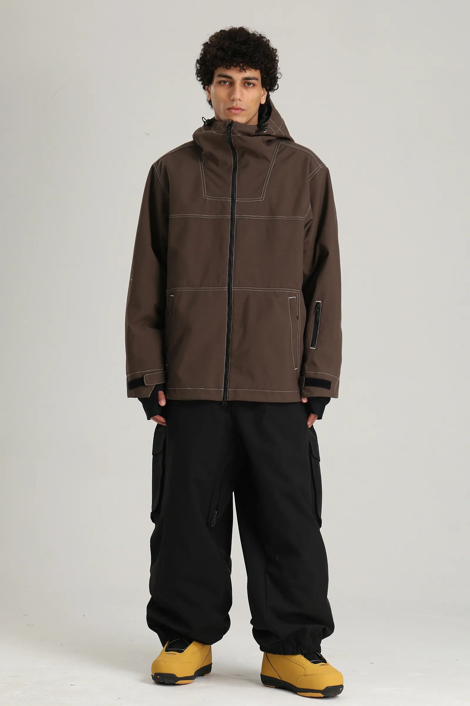 Men's Coffee Utility Minimal Contrast Stitch Insulated Snow Jacket