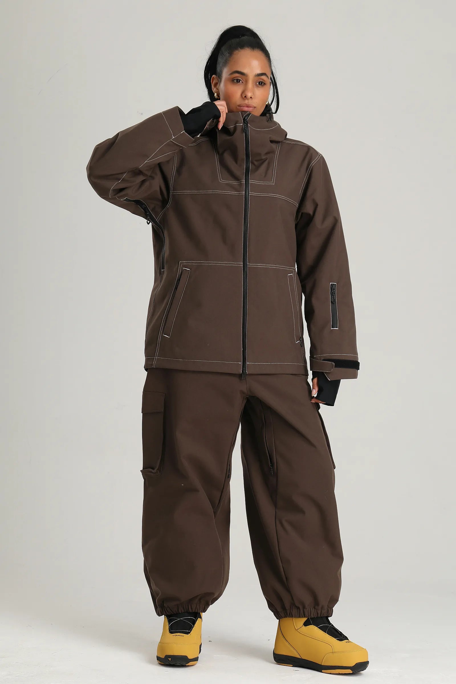 Women's Coffee Utility Minimal Contrast Stitch Insulated Snow Jacket