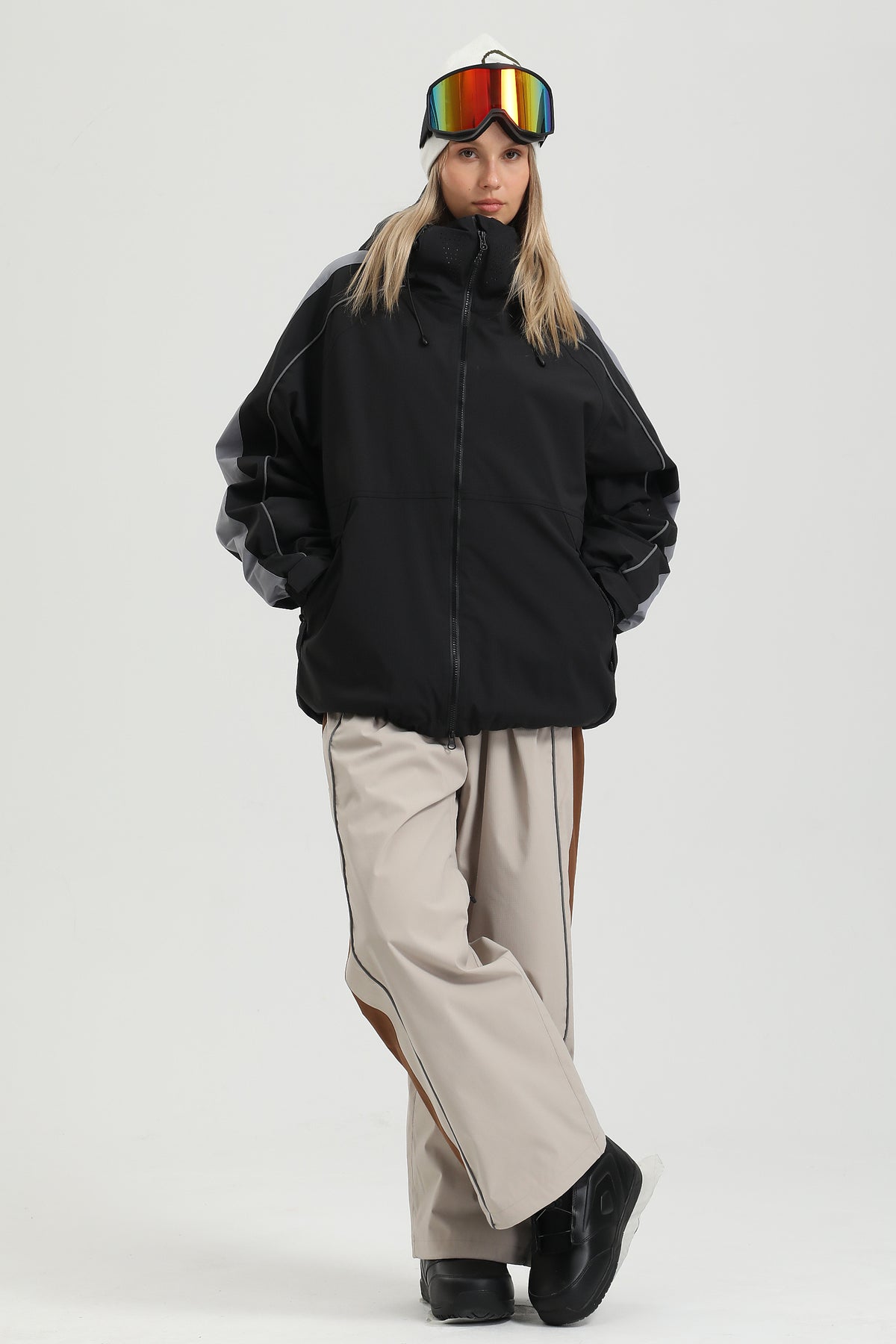 Women's Black Windproof Reflective Retro Snow Jacket