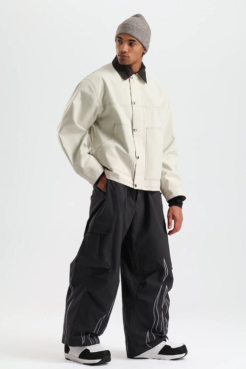 Men's Black Baggy Snowboard Pants with Reflective Flame Design