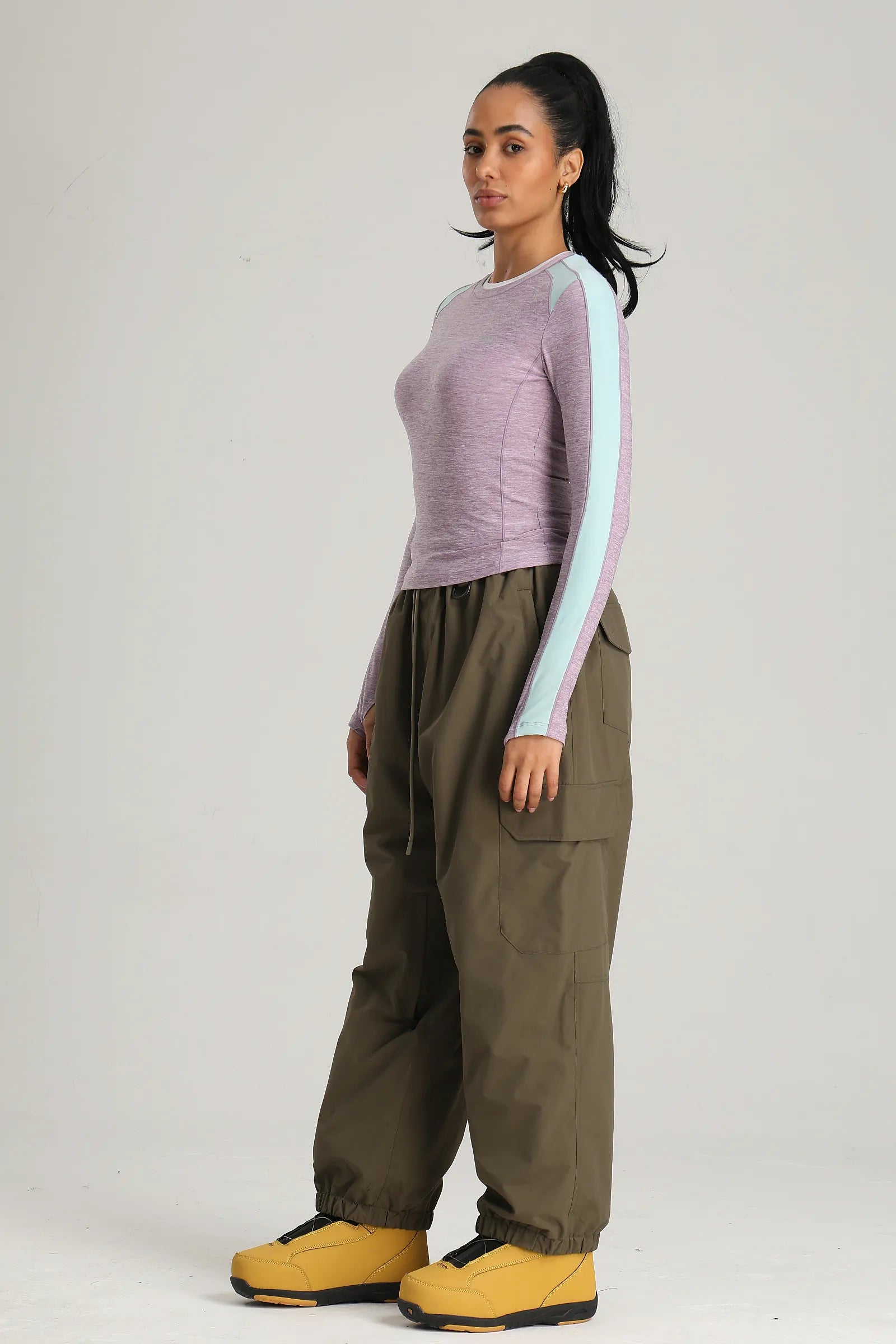 Women's Dark Green Technical Utility Hidden Pockets Baggy Snow Pants