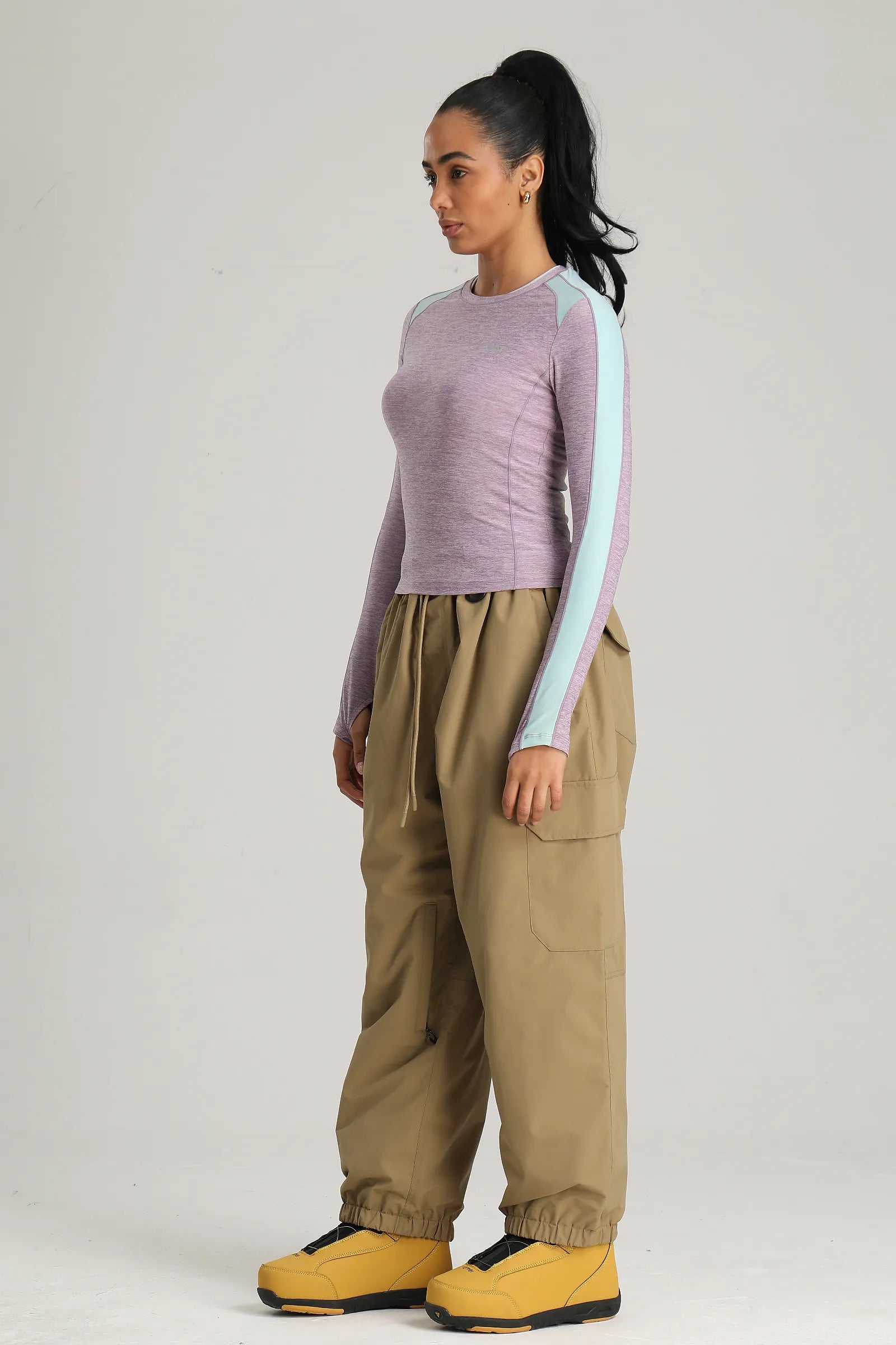 Women's Khaki Technical Utility Hidden Pockets Baggy Snow Pants