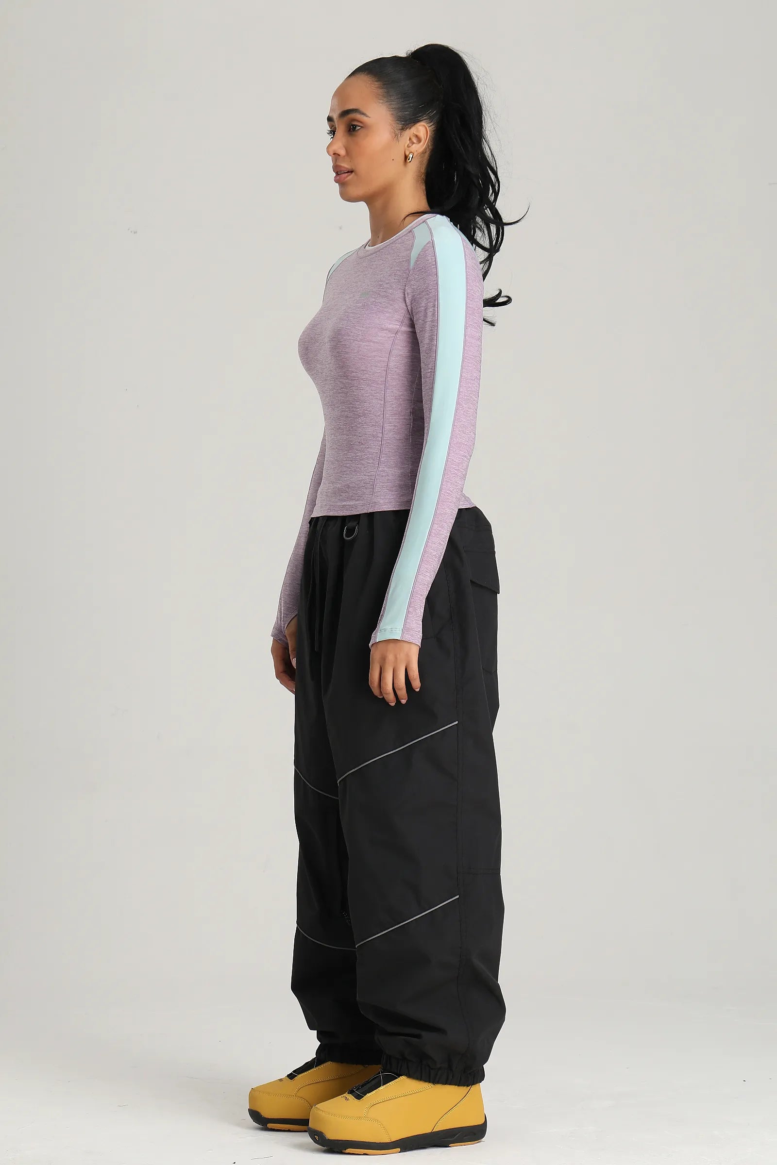 Women's Black Color Block Reflective Detail Baggy Snowboard Pants