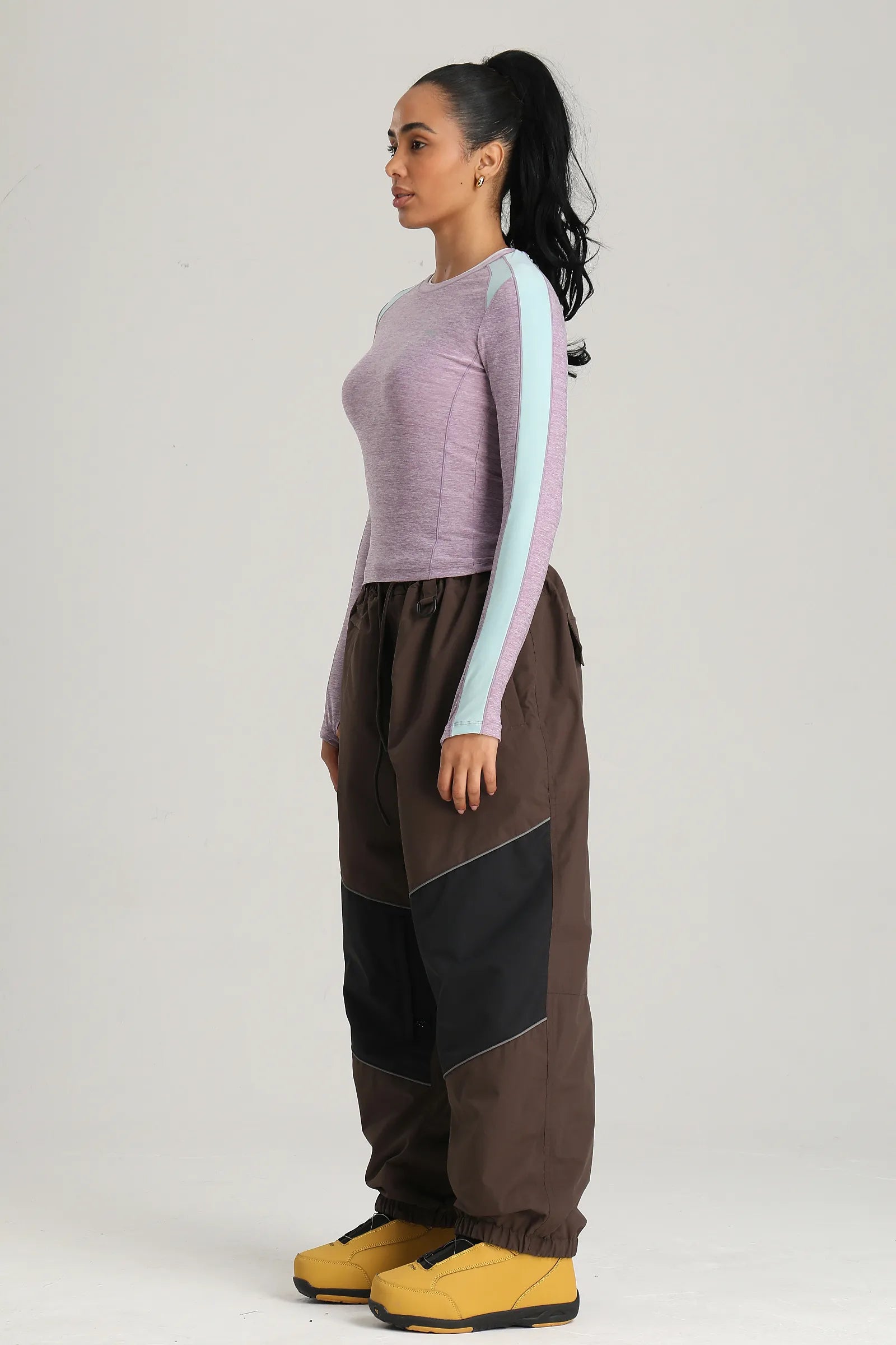 Women's Coffee Color Block Reflective Detail Baggy Snowboard Pants