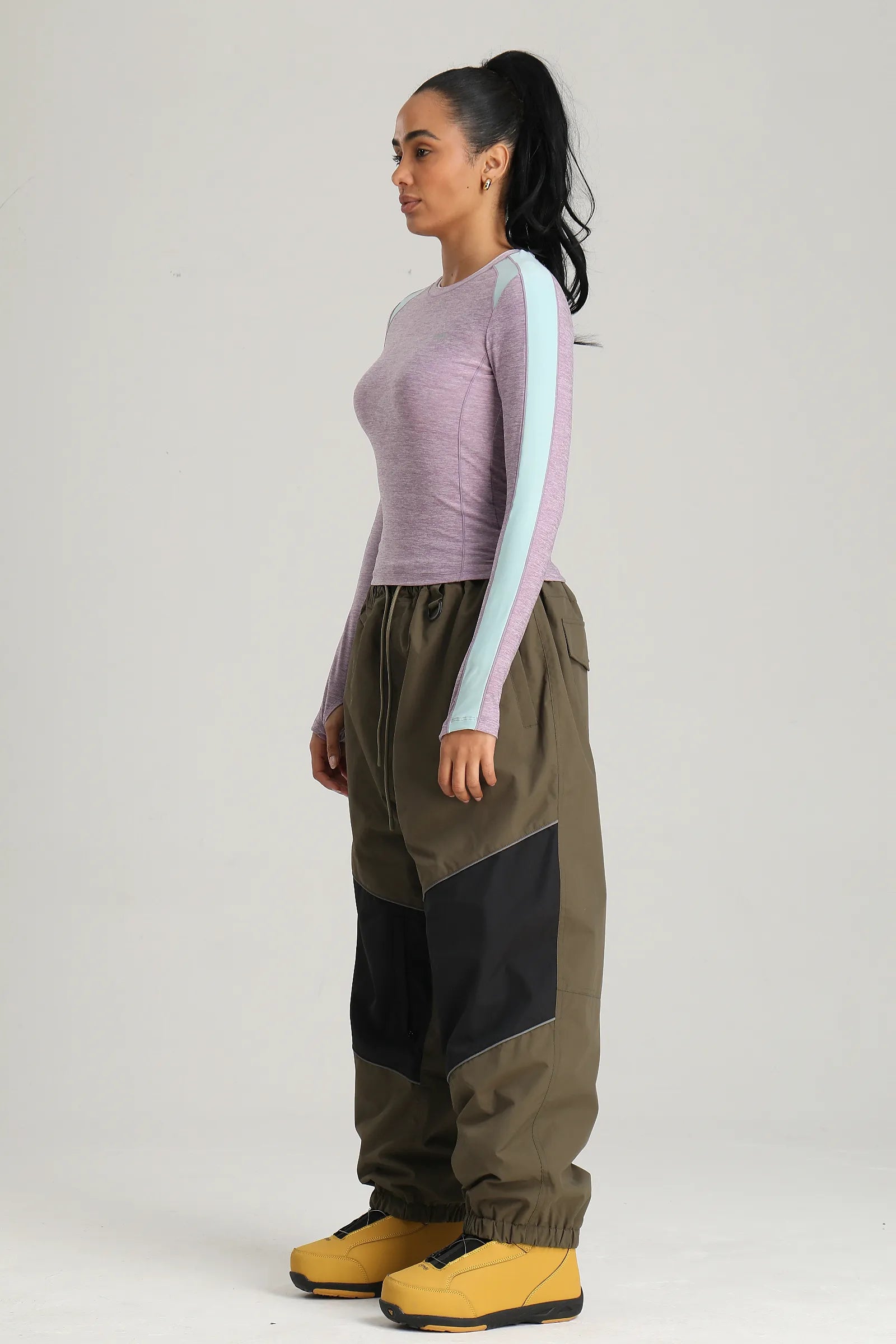 Women's Dark Green Color Block Reflective Detail Baggy Snowboard Pants