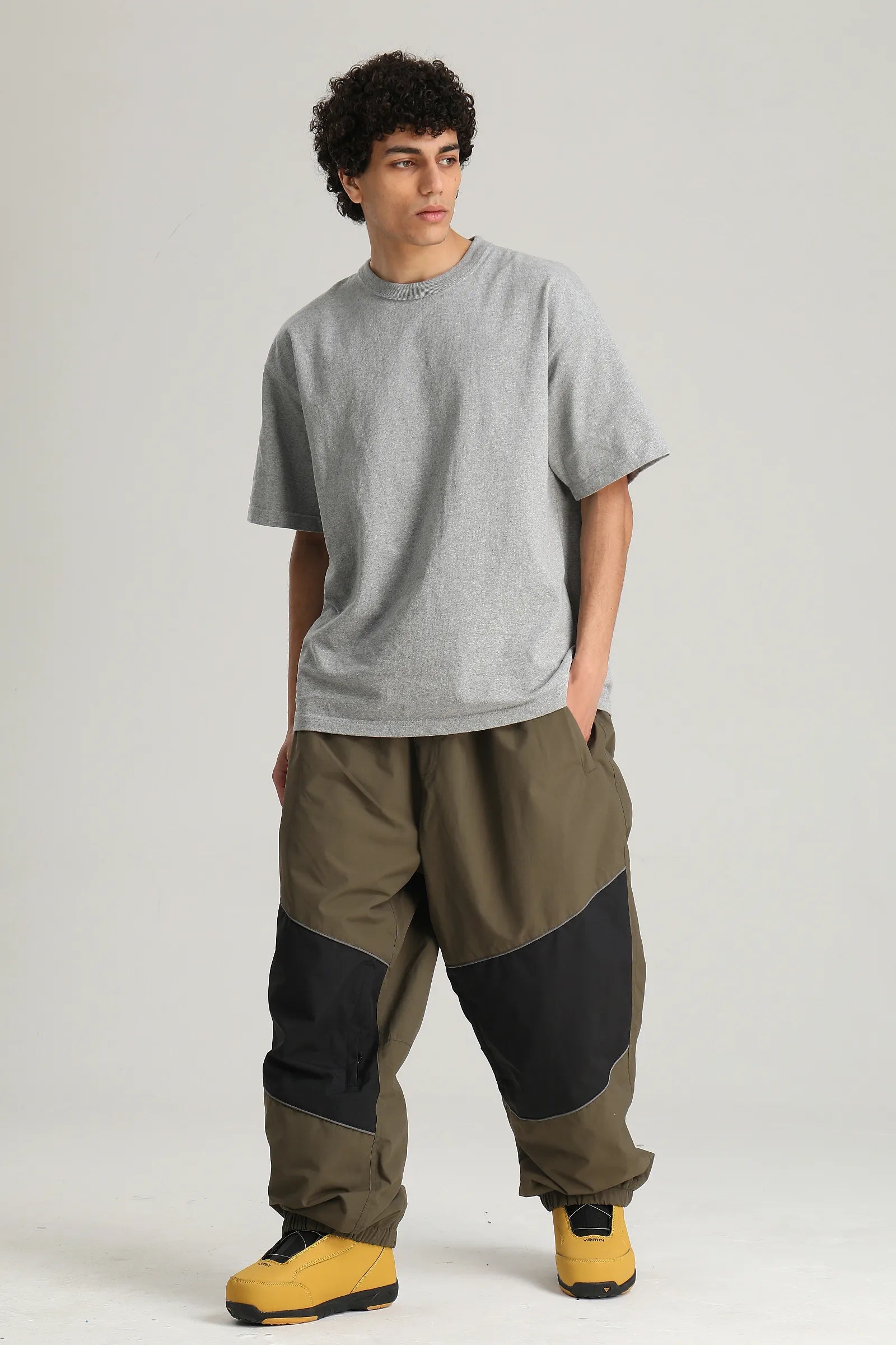 Men's Dark Green Color Block Reflective Detail Baggy Snowboard Pants
