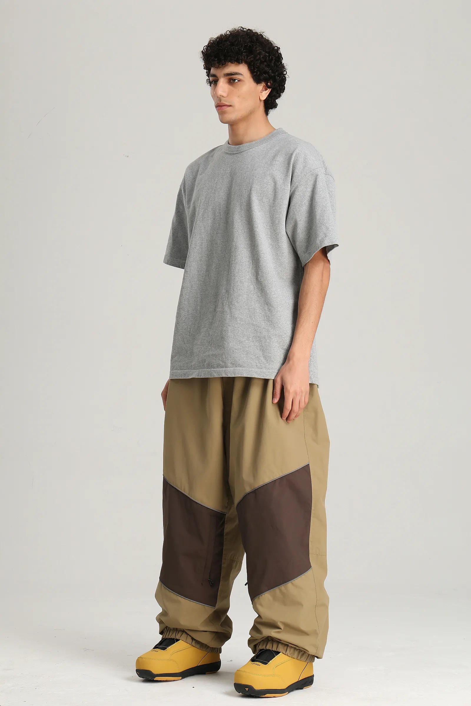 Men's Khaki Color Block Reflective Detail Baggy Snowboard Pants