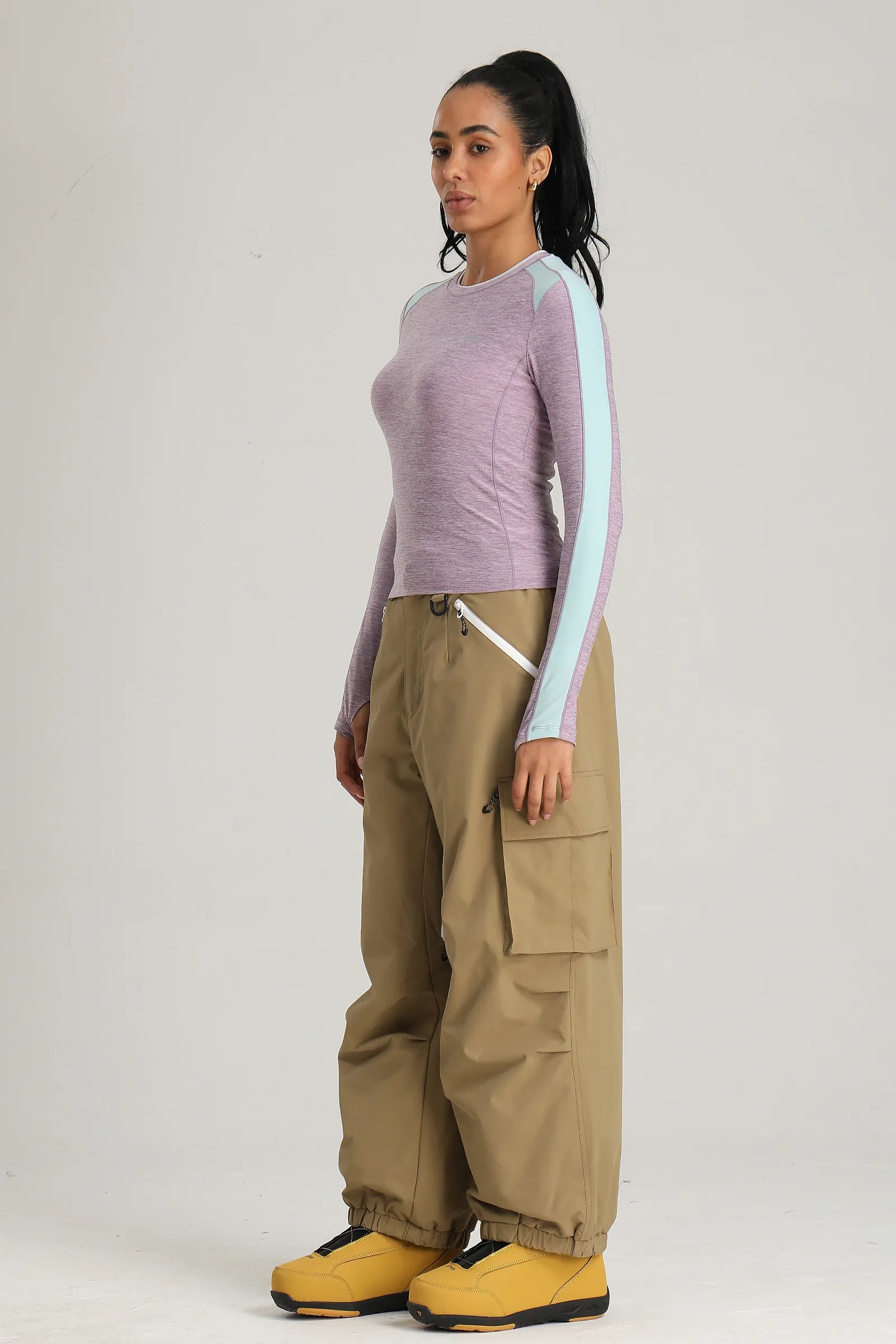Women's Khaki Contrast Zipper Baggy Snow & Ski Pants