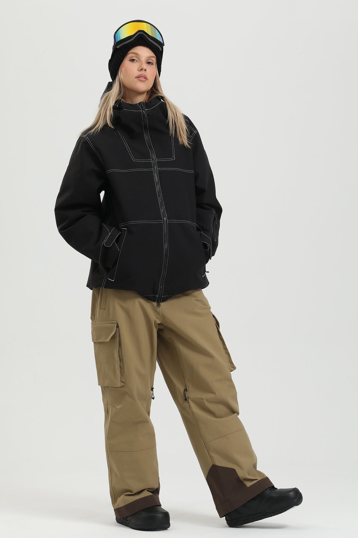 Women's Khaki Utility Contrast-Stitch Baggy Snow Pants