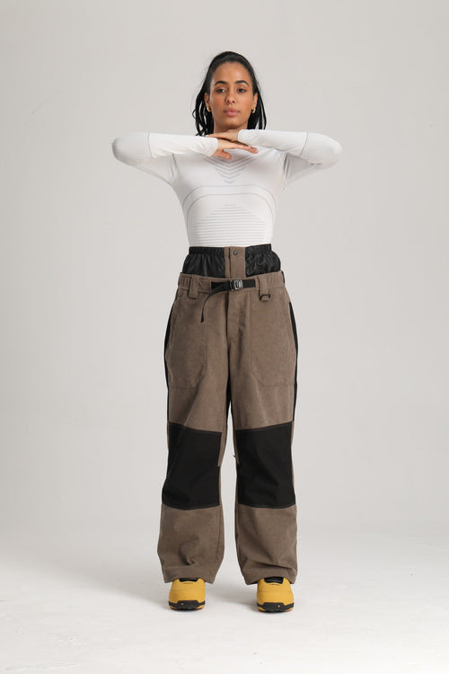 Women's Coffee & Black Color Block Contrast Corduroy Baggy Snow Pants
