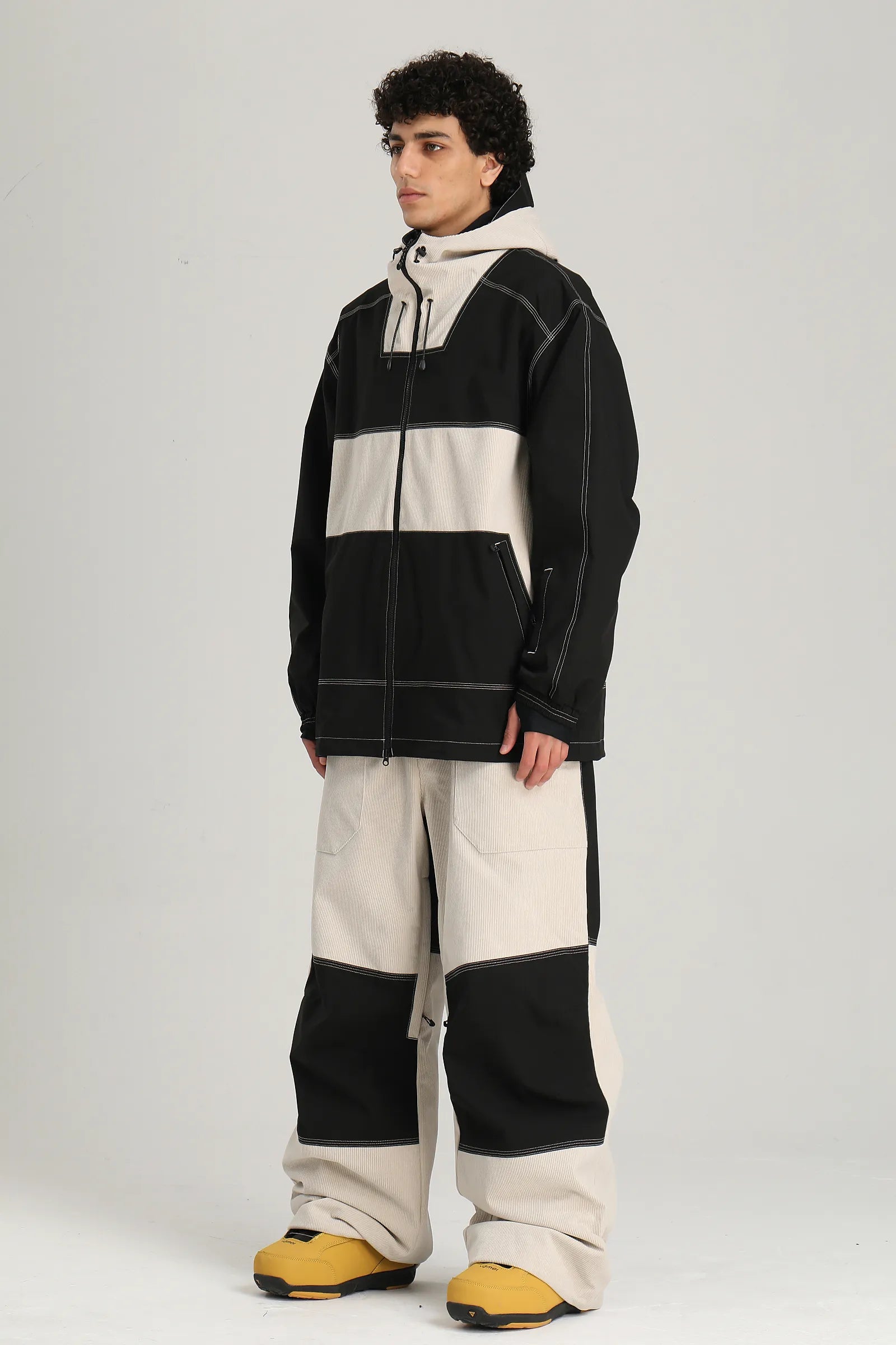Men's Black & Off White Color Block Contrast Corduroy Baggy Snow Pants