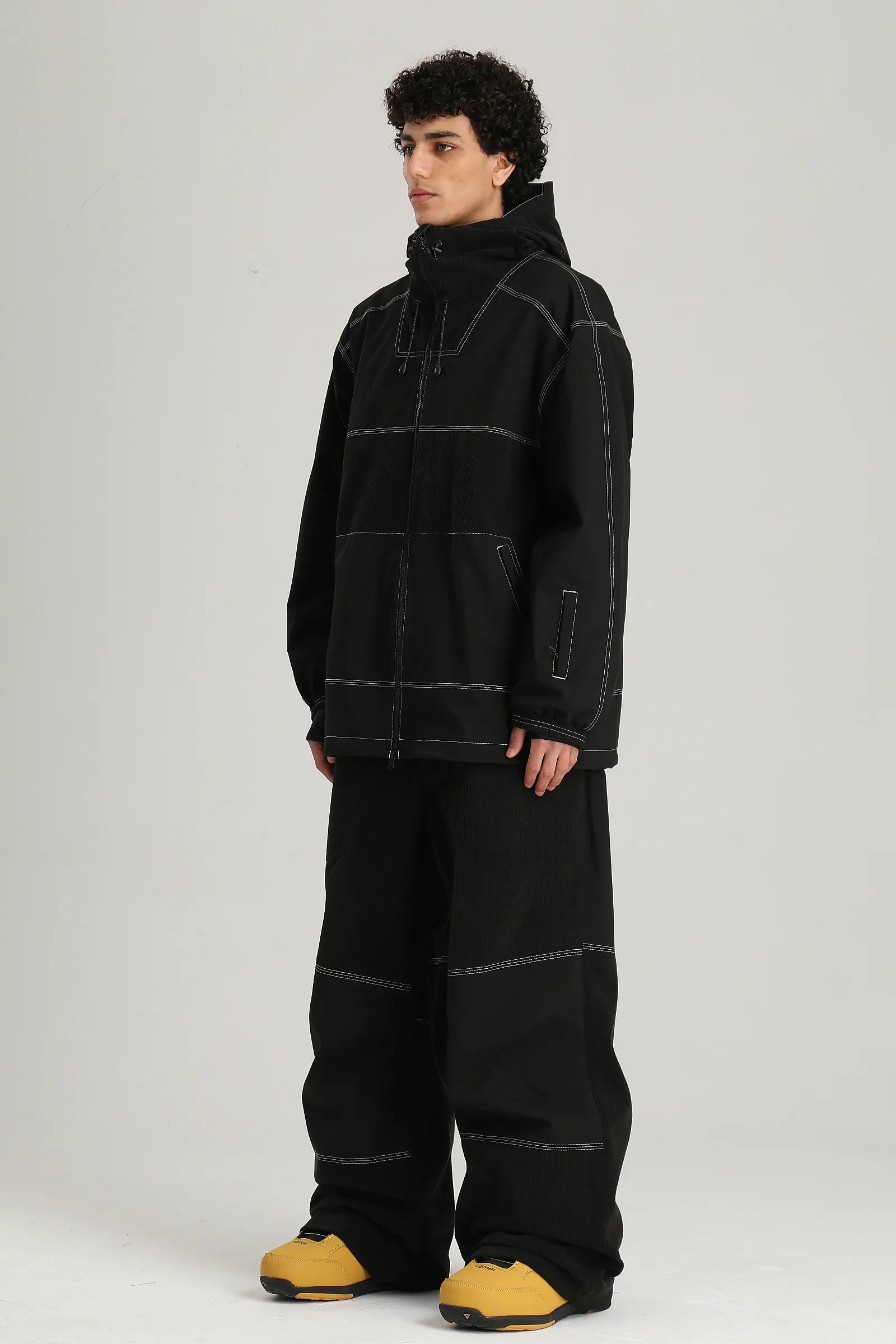 Men's Black Color Block Contrast Corduroy Baggy Snow Pants