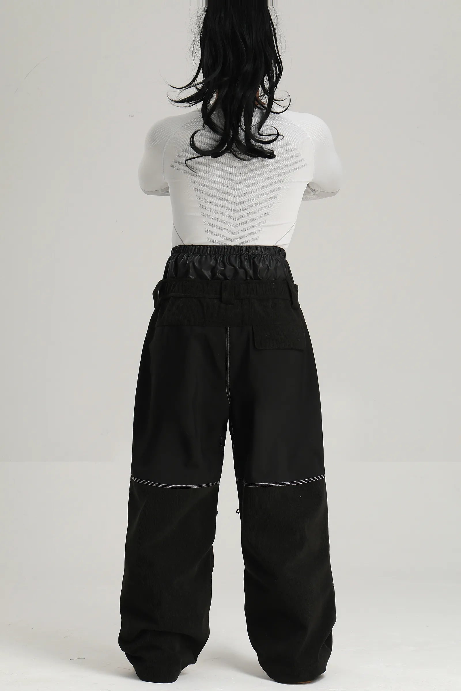 Women's Black Color Block Contrast Corduroy Baggy Snow Pants