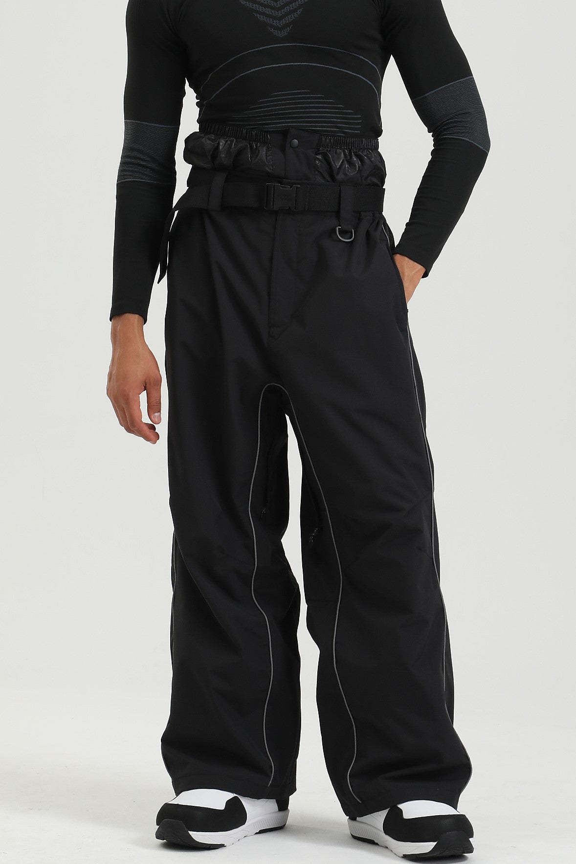 Men's Black Reflective Trim Baggy Snowboard Pants