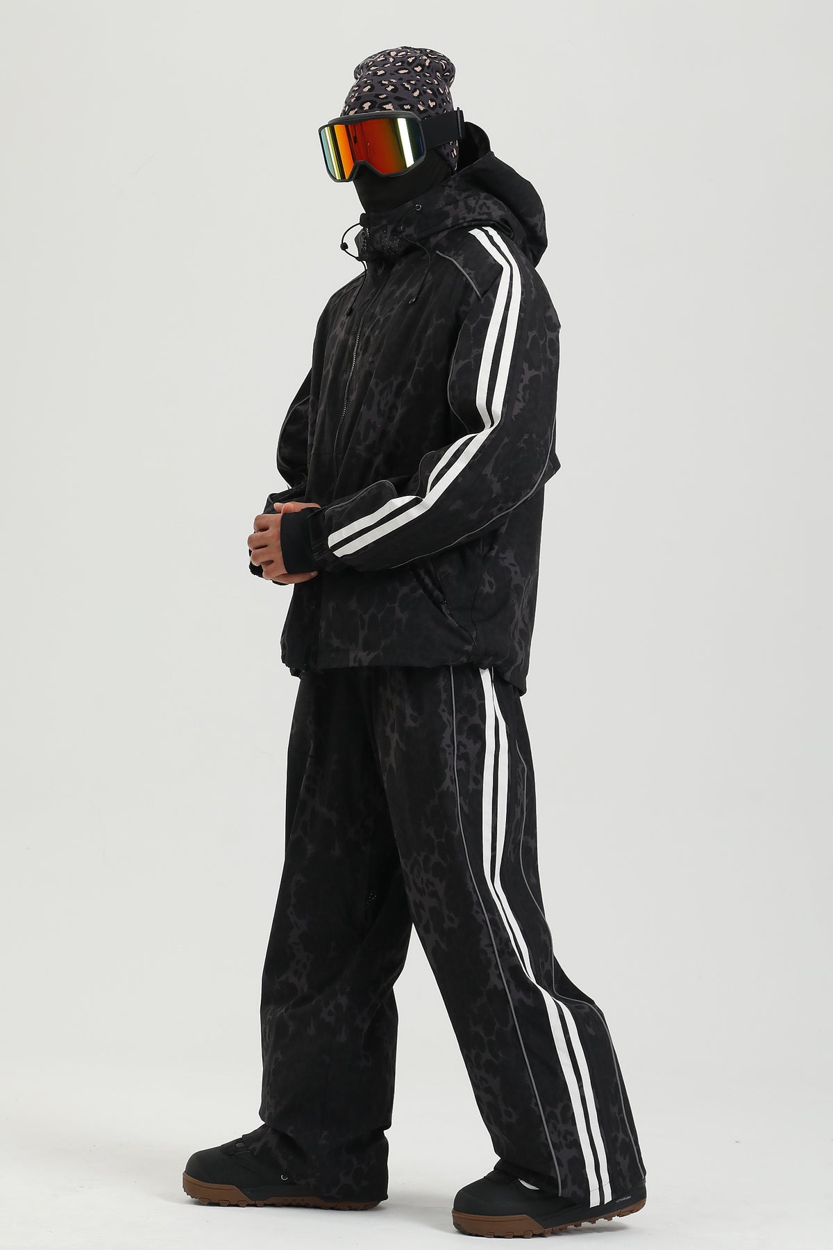 Men's Gray Leopard Reflective Streetwear Baggy Snow Pants