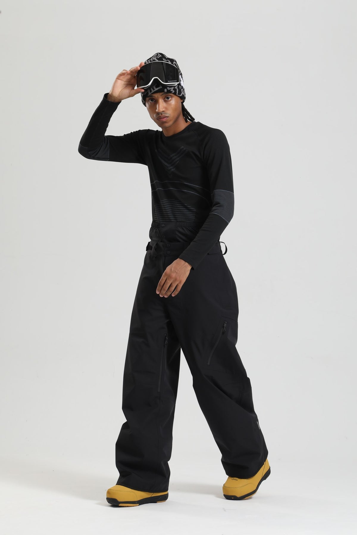 Men's Black Windproof Technical Baggy Wide Leg Adjustable Waist Snow Pants