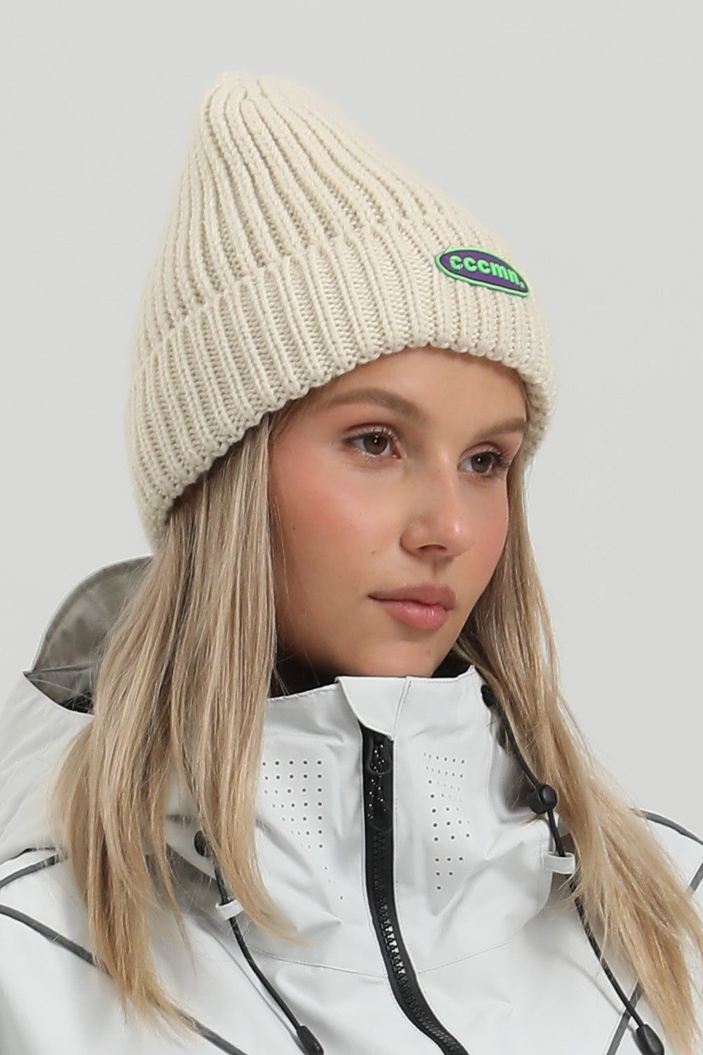 Unisex Beige Patch Cuffed Tall Pointed Knit Warm Soft Comfortable Beanie