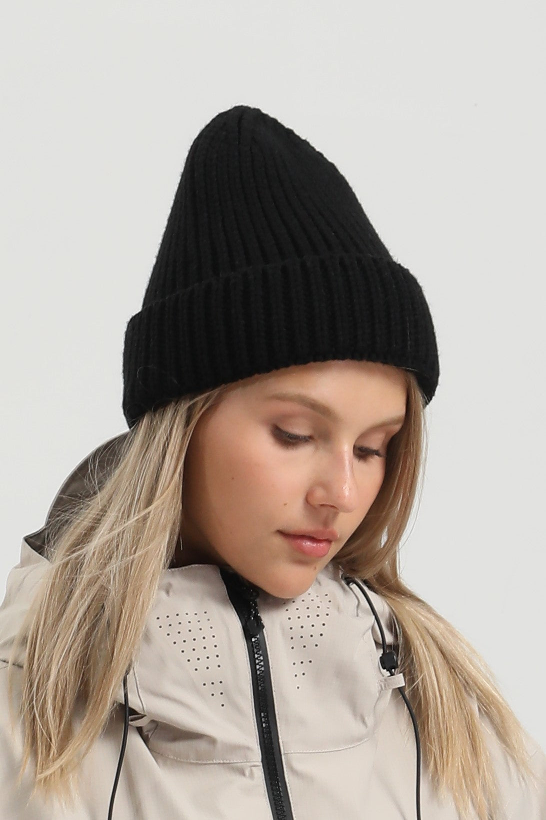 Unisex Black Patch Cuffed Tall Pointed Knit Warm Soft Comfortable Beanie