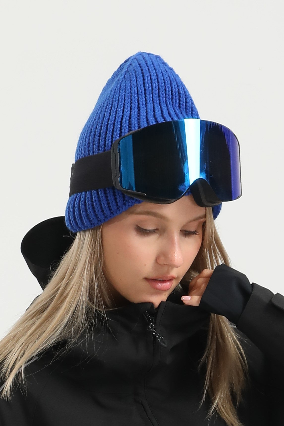 Unisex Blue Patch Cuffed Tall Pointed Knit Warm Soft Comfortable Beanie