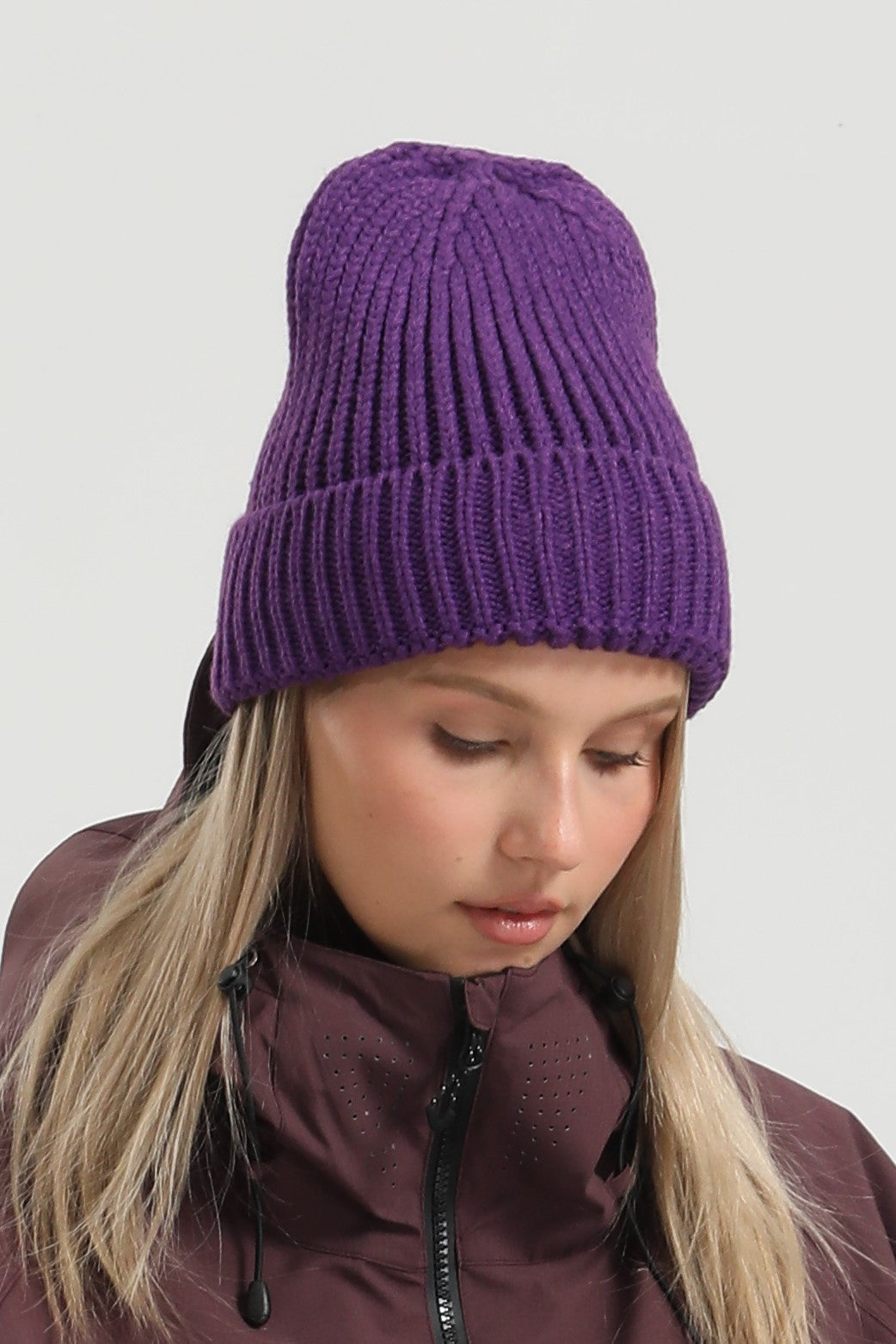 Unisex Deep Purple Patch Cuffed Tall Pointed Knit Warm Beanie