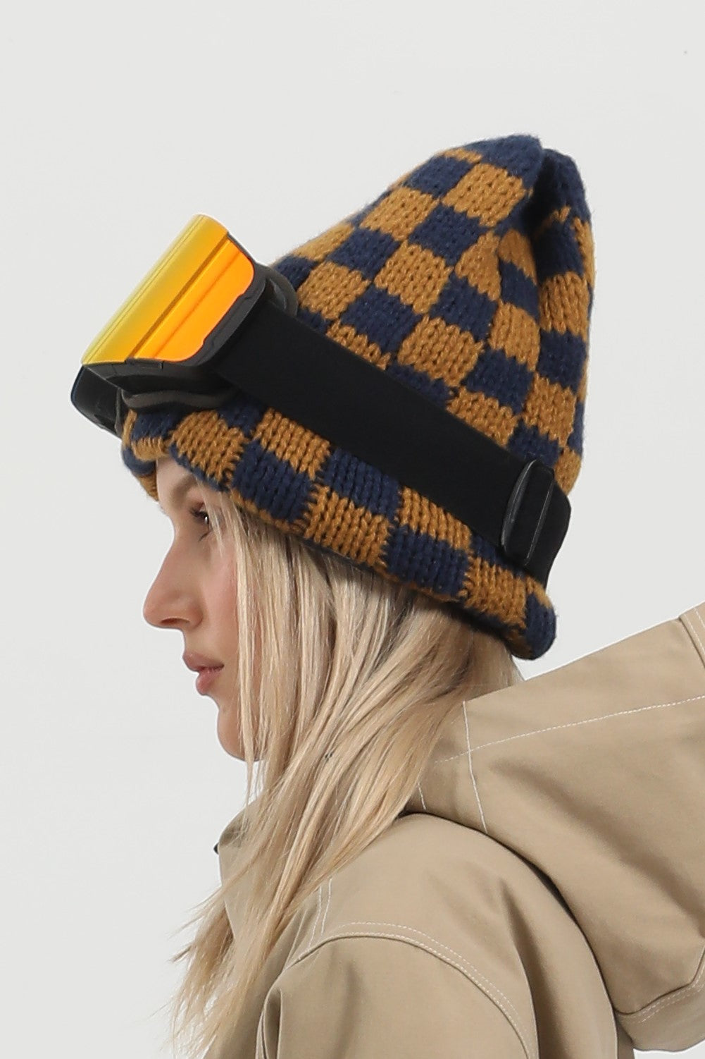 Unisex Brown Checkerboard Cuffed Tall Pointed Chunky Knit Stretchy Stylish Beanie