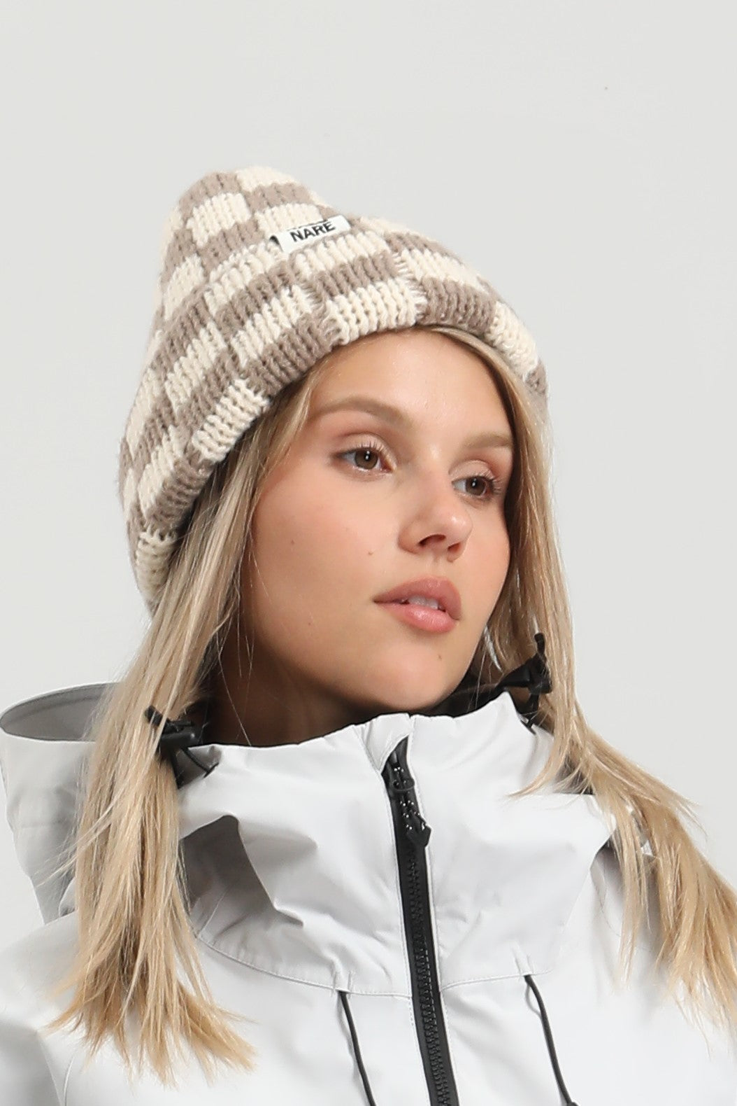 Unisex Khaki White Checkerboard Cuffed Tall Pointed Chunky Knit Stretchy Stylish Beanie