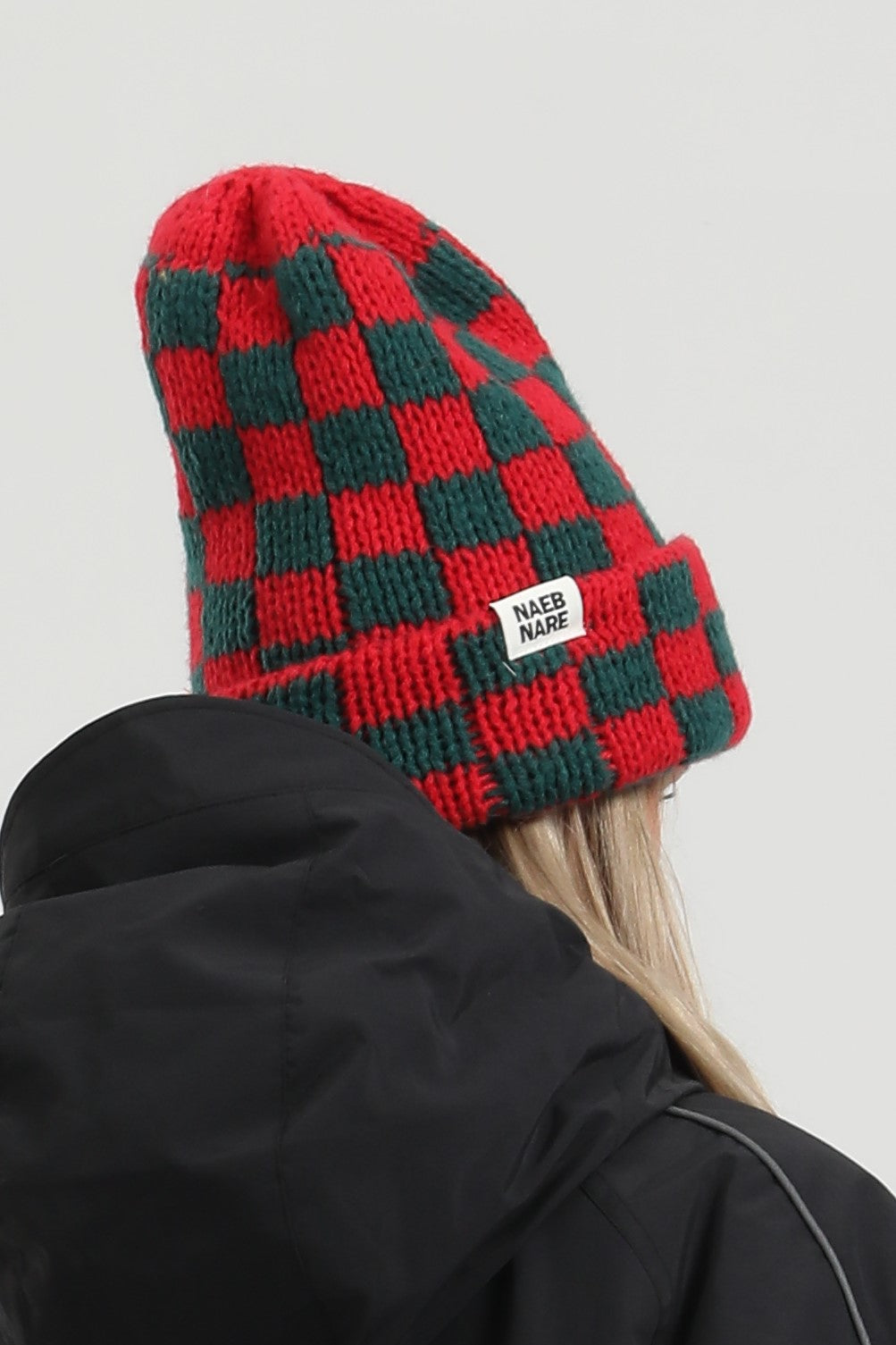 Unisex Red Checkerboard Cuffed Tall Pointed Chunky Knit Stretchy Stylish Beanie