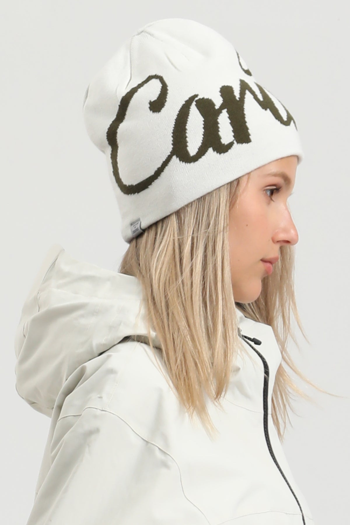 Unisex Off White Script Letter Jacquard Cuffed Tall Pointed Foldable Windproof Beanie