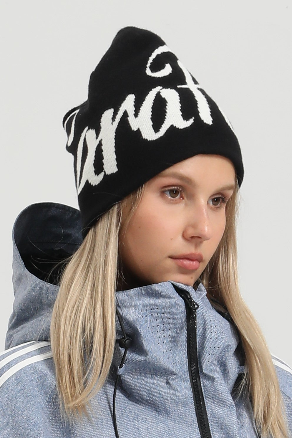 Unisex Black Script Letter Jacquard Cuffed Tall Pointed Foldable Windproof Beanie