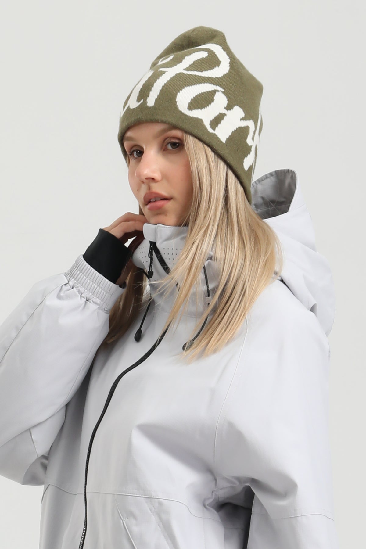 Unisex Green Script Letter Jacquard Cuffed Tall Pointed Foldable Windproof Beanie