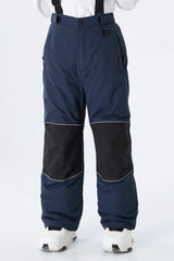 Boys' Navy Blue Color-Block Reflective Snow Pants With Detachable Suspenders