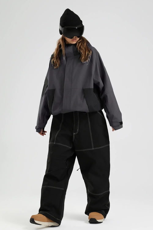 Women's Dark Gray Color Block Waterproof Baggy Snowboard Jacket