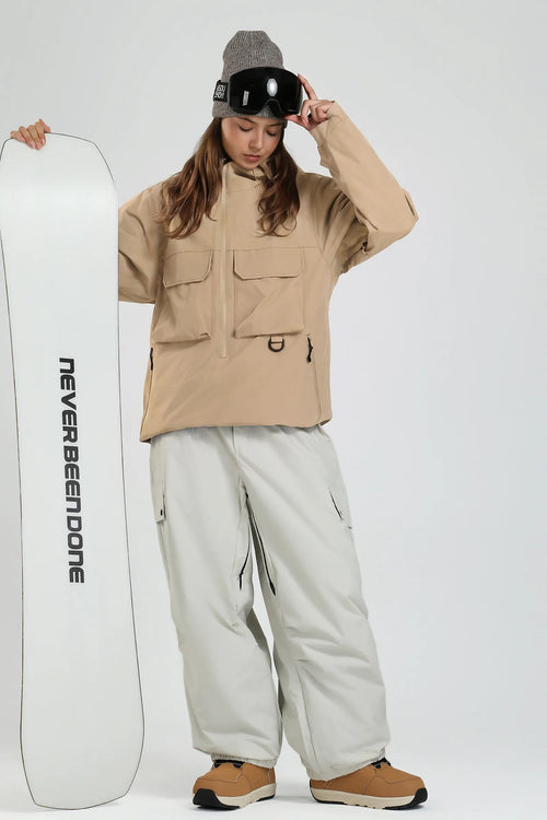 Women's Khaki Techwear Urban Half Zip Insulated Snow Jacket
