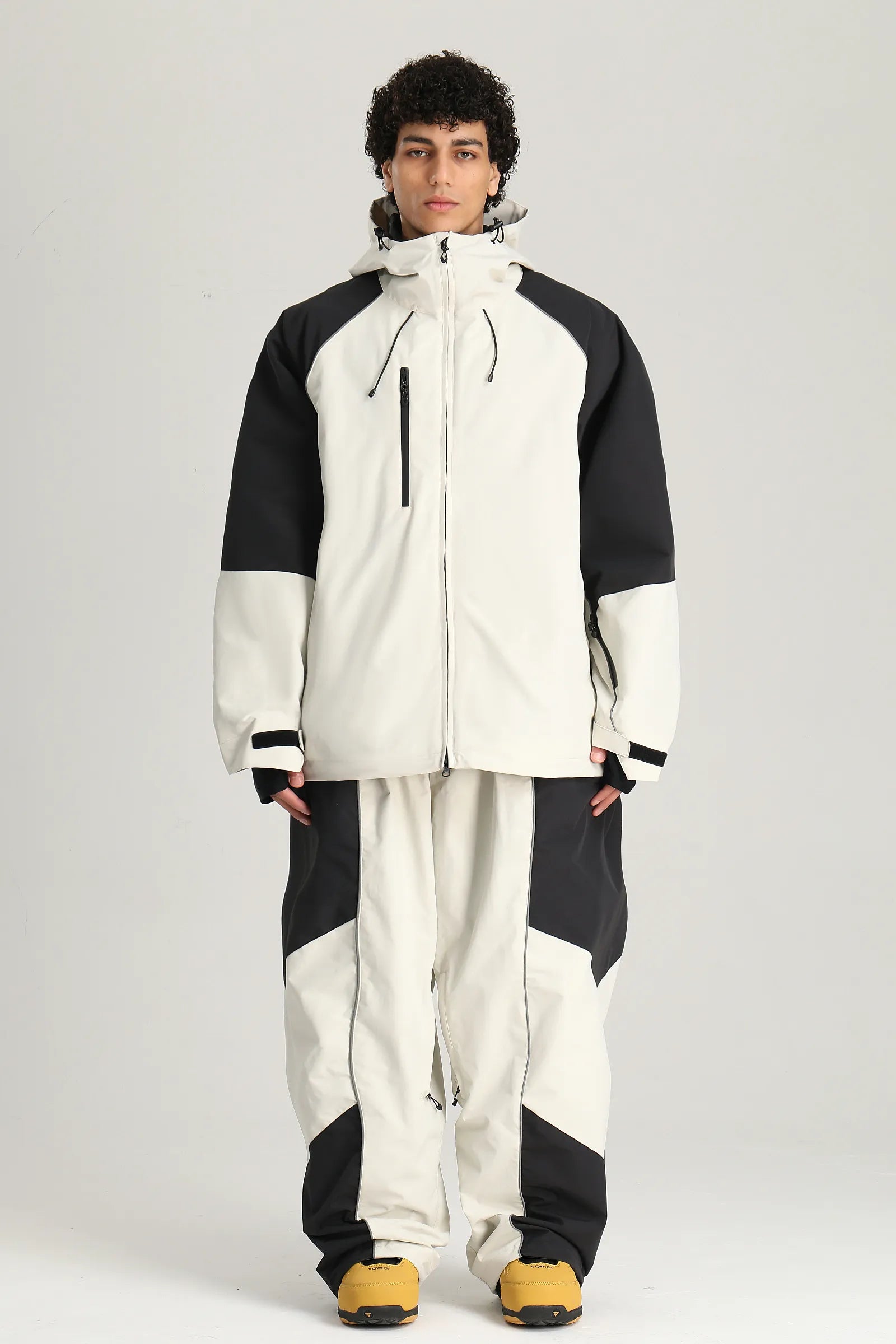 Men's Off White Color Block Reflective Baggy Insulated Snow Jacket