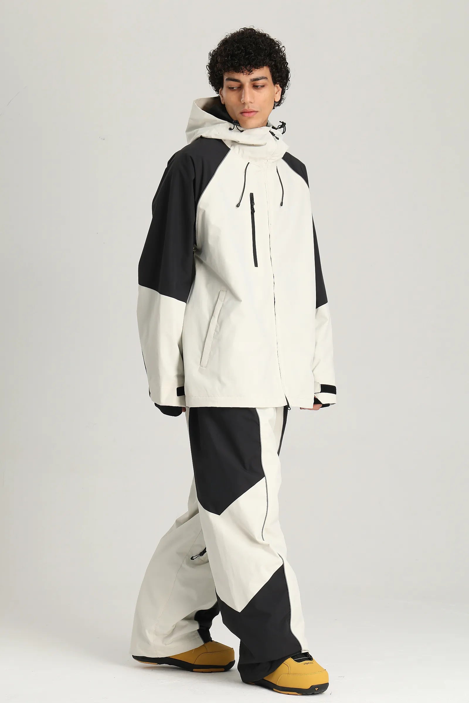 Men's Off White Color Block Reflective Baggy Insulated Snow Jacket