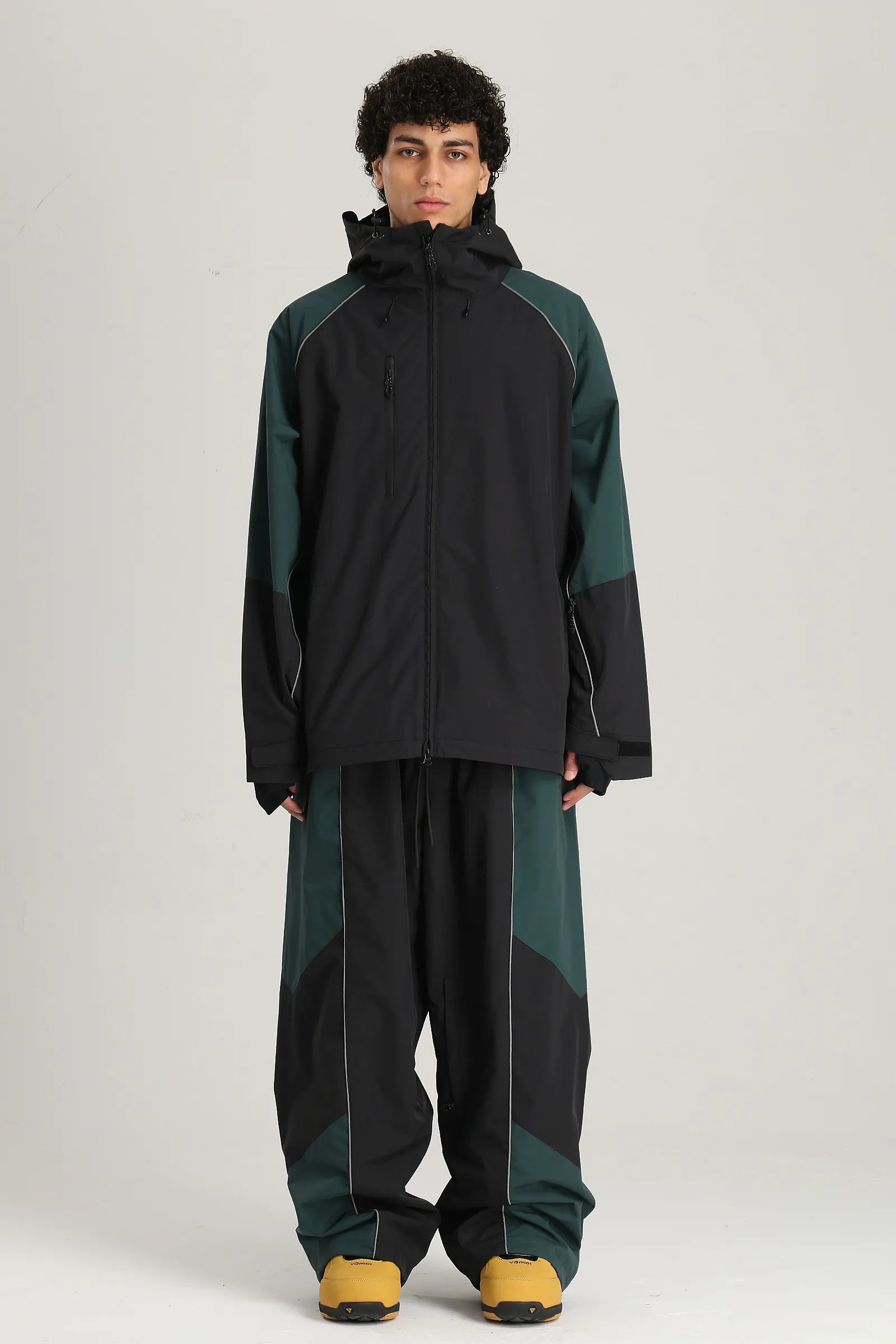 Men's Black Color Block Reflective Baggy Insulated Snow Jacket