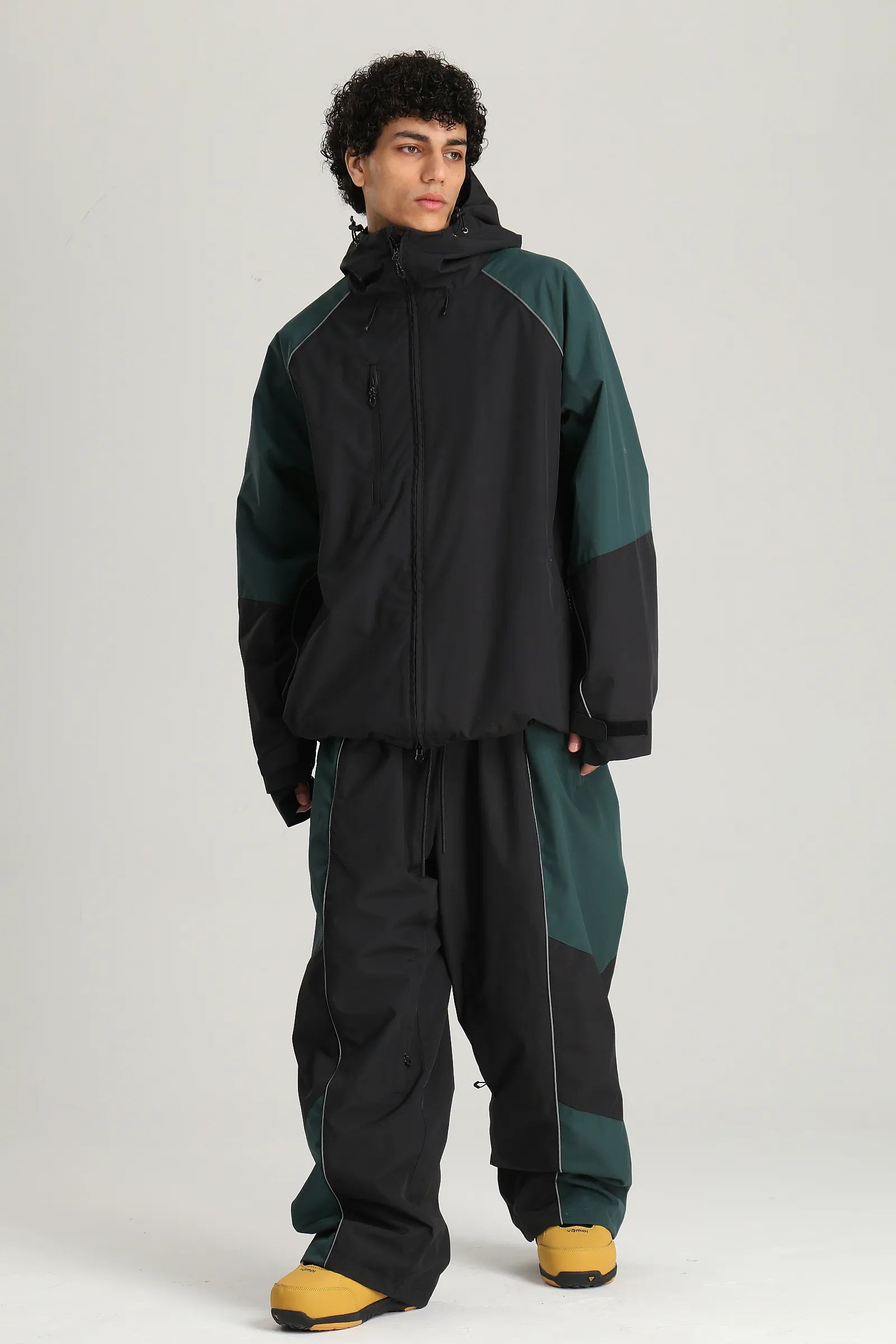 Men's Black Color Block Reflective Baggy Insulated Snow Jacket
