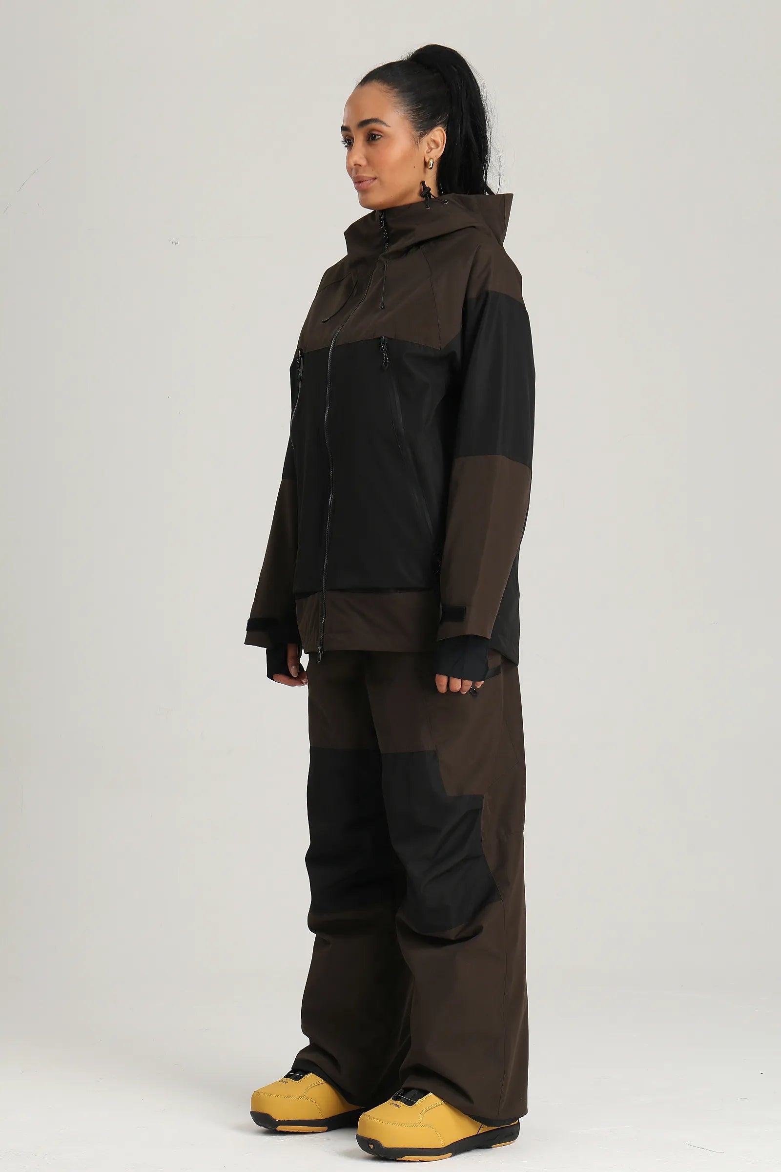 Women's Brown & Black Color Block Baggy Fit Insulated Snow Jacket
