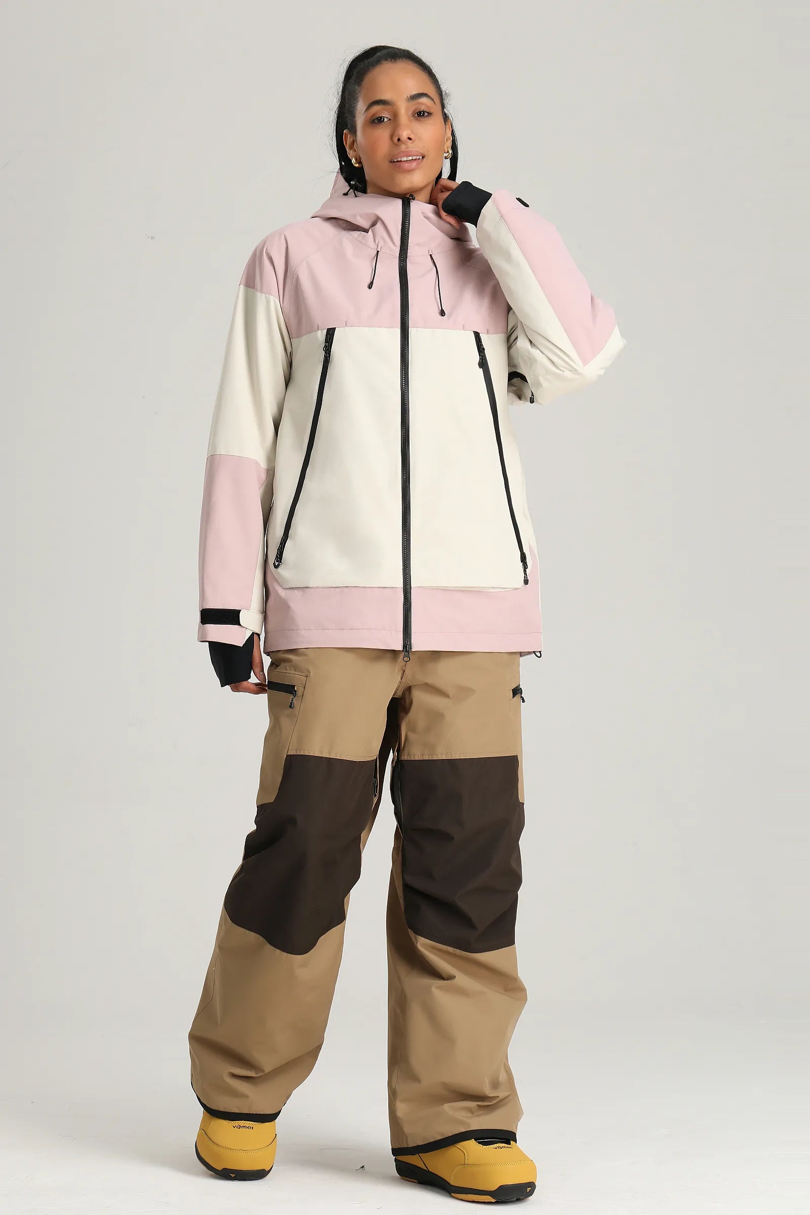 Women's Pink & Off White Color Block Baggy Fit Insulated Snow Jacket