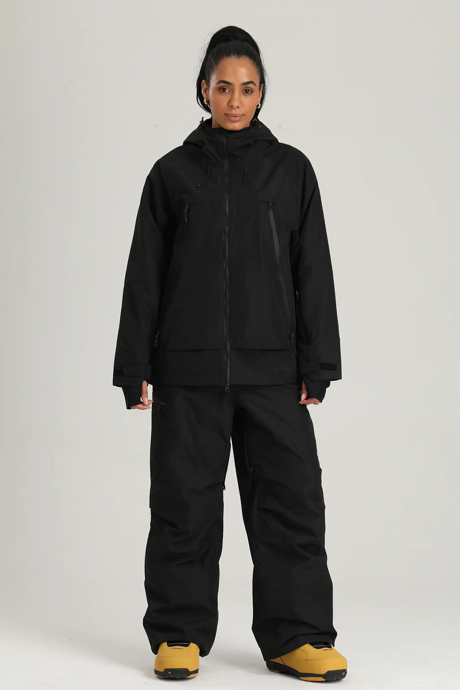 Women's Black Color Block Baggy Fit Insulated Snow Jacket