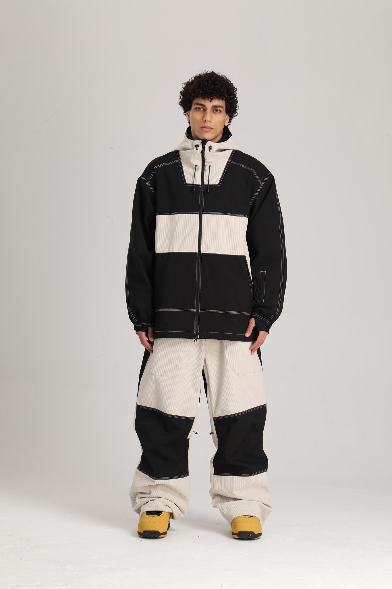 Men's Black & Off White Color Block Corduroy Retro Utility Snow Jacket
