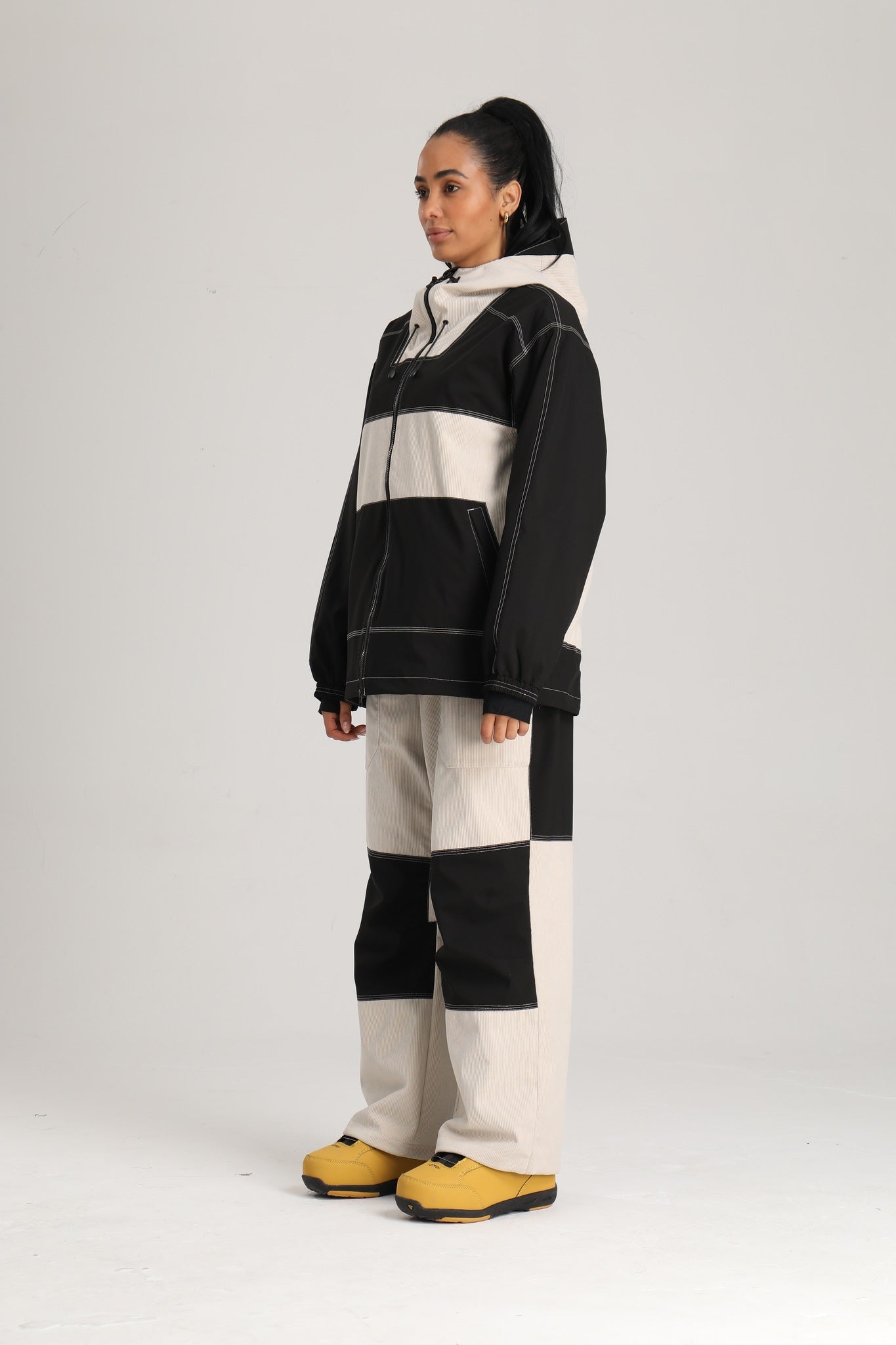 Women's Black & Off White Color Block Corduroy Retro Utility Snow Jacket